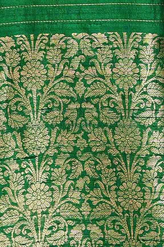 Pure handloom tussar silk saree with banarasi floral and stripes pattern kadwa weaving in gold zari-Emerald Green