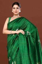 Pure handloom tussar silk saree with banarasi floral and stripes pattern kadwa weaving in gold zari-Emerald Green