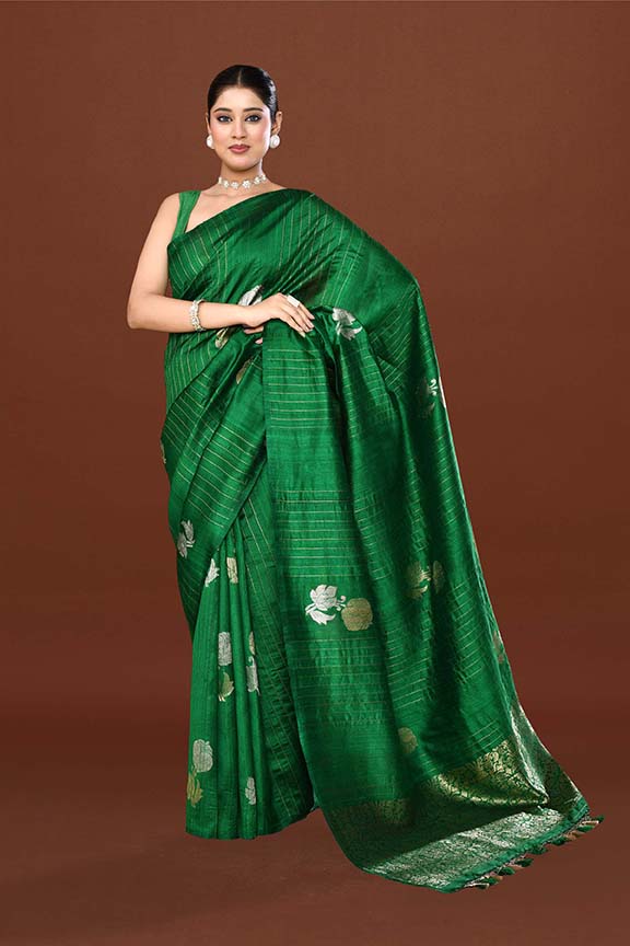 Pure handloom tussar silk saree with banarasi floral and stripes pattern kadwa weaving in gold zari-Emerald Green