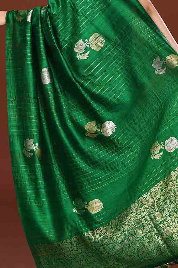 Pure handloom tussar silk saree with banarasi floral and stripes pattern kadwa weaving in gold zari-Emerald Green