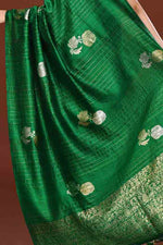 Pure handloom tussar silk saree with banarasi floral and stripes pattern kadwa weaving in gold zari-Emerald Green