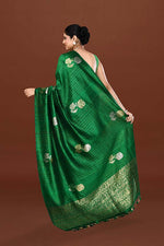 Pure handloom tussar silk saree with banarasi floral and stripes pattern kadwa weaving in gold zari-Emerald Green