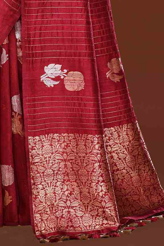 Pure handloom tussar silk saree with banarasi floral and stripes pattern kadwa weaving in gold zari-Burgundy