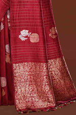 Pure handloom tussar silk saree with banarasi floral and stripes pattern kadwa weaving in gold zari-Burgundy