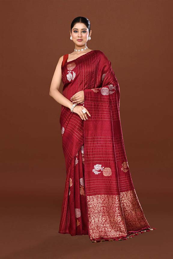 Pure handloom tussar silk saree with banarasi floral and stripes pattern kadwa weaving in gold zari-Burgundy