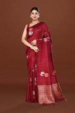 Pure handloom tussar silk saree with banarasi floral and stripes pattern kadwa weaving in gold zari-Burgundy