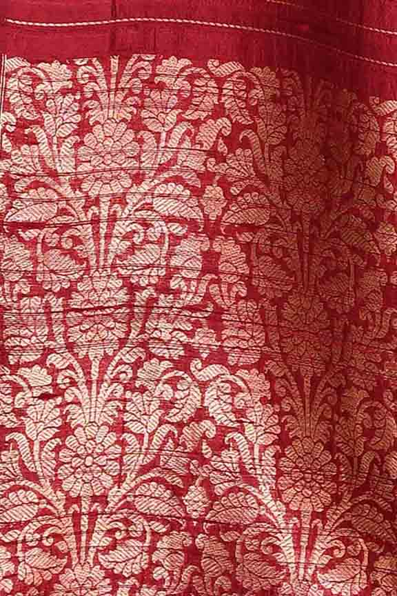 Pure handloom tussar silk saree with banarasi floral and stripes pattern kadwa weaving in gold zari-Burgundy