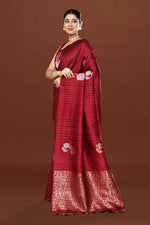 Pure handloom tussar silk saree with banarasi floral and stripes pattern kadwa weaving in gold zari-Burgundy
