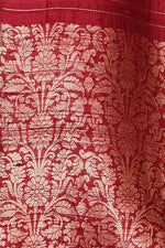 Pure handloom tussar silk saree with banarasi floral and stripes pattern kadwa weaving in gold zari-Burgundy