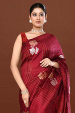 Pure handloom tussar silk saree with banarasi floral and stripes pattern kadwa weaving in gold zari-Burgundy