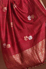 Pure handloom tussar silk saree with banarasi floral and stripes pattern kadwa weaving in gold zari-Burgundy
