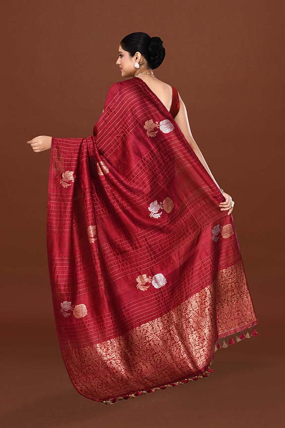 Pure handloom tussar silk saree with banarasi floral and stripes pattern kadwa weaving in gold zari-Burgundy