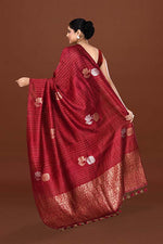Pure handloom tussar silk saree with banarasi floral and stripes pattern kadwa weaving in gold zari-Burgundy
