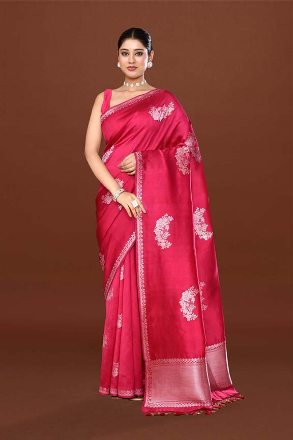 Pure handloom katan silk banarasi saree with real silver zari kadwa weaving-dark pink