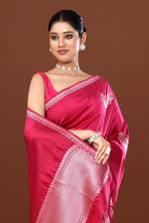 Pure handloom katan silk banarasi saree with real silver zari kadwa weaving-dark pink