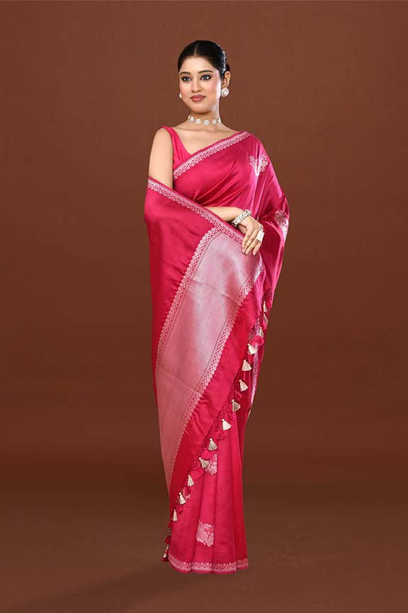 Pure handloom katan silk banarasi saree with real silver zari kadwa weaving-dark pink
