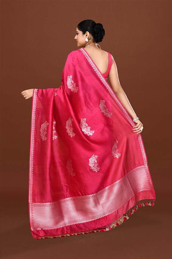 Pure handloom katan silk banarasi saree with real silver zari kadwa weaving-dark pink