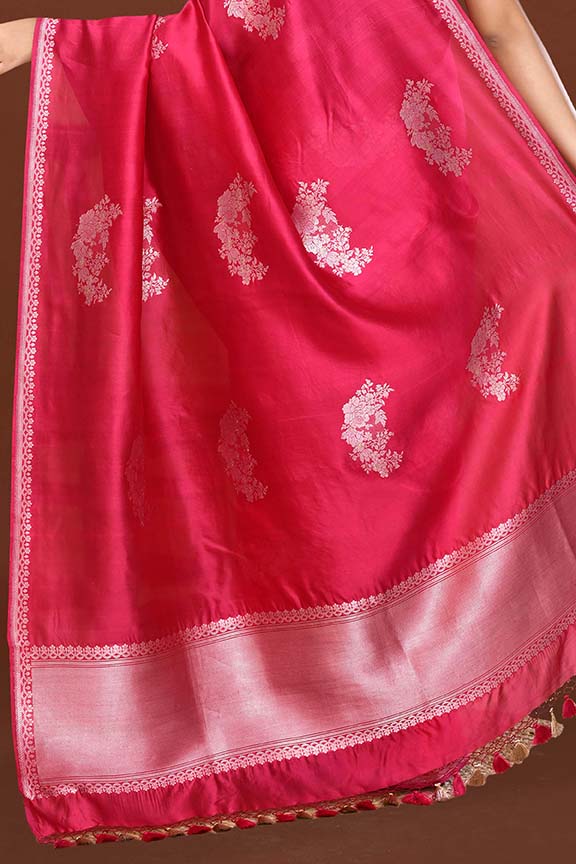 Pure handloom katan silk banarasi saree with real silver zari kadwa weaving-dark pink