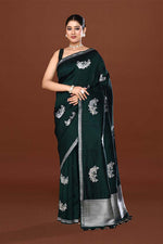 Pure handloom katan silk banarasi saree with real silver zari kadwa weaving-Bottle green