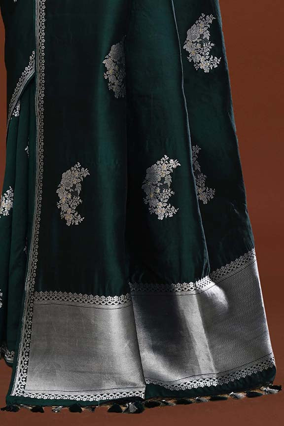 Pure handloom katan silk banarasi saree with real silver zari kadwa weaving-Bottle green