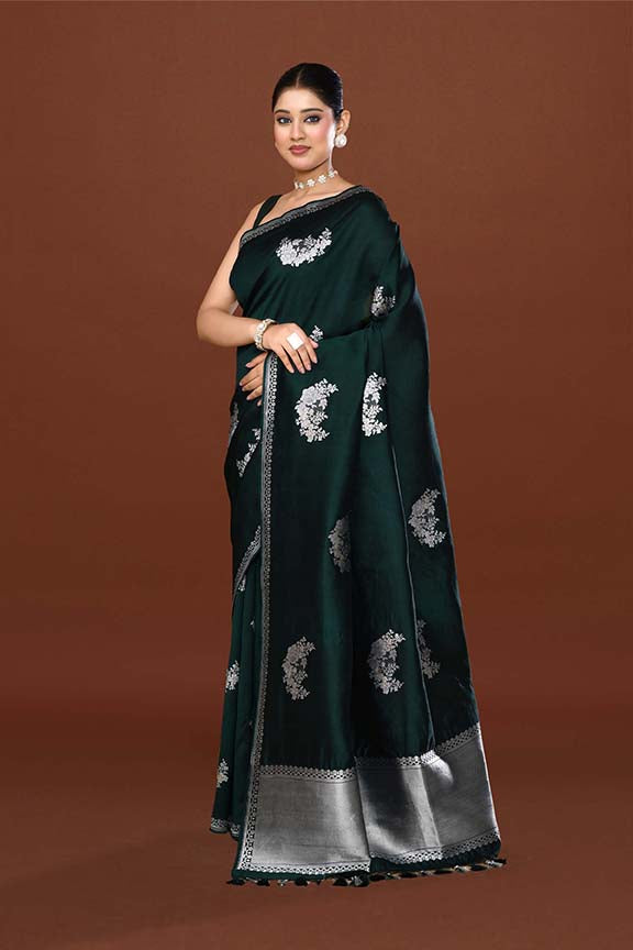 Pure handloom katan silk banarasi saree with real silver zari kadwa weaving-Bottle green