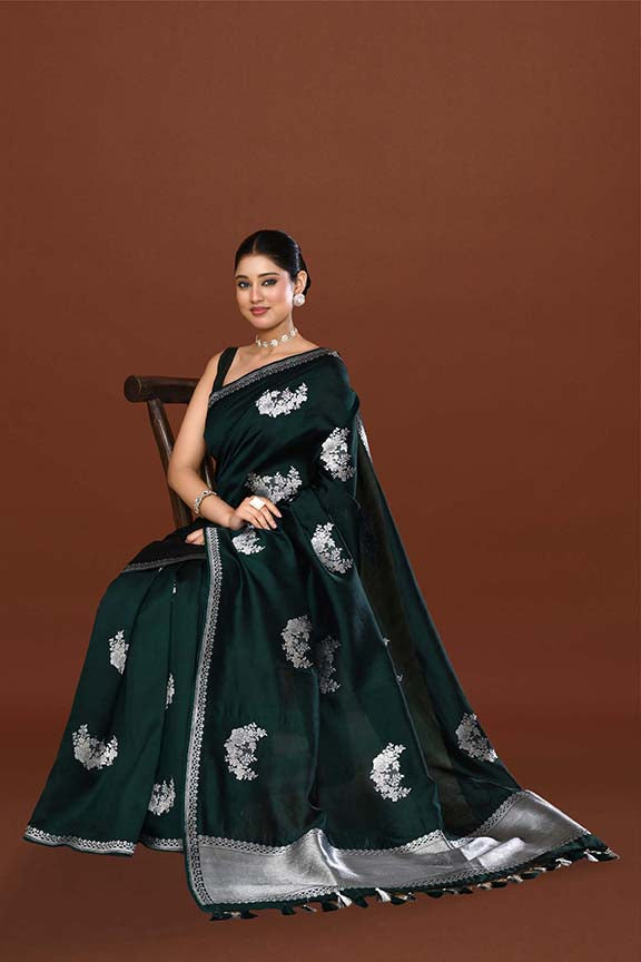 Pure handloom katan silk banarasi saree with real silver zari kadwa weaving-Bottle green