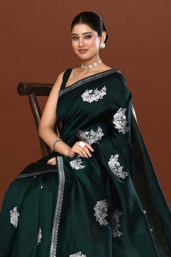 Pure handloom katan silk banarasi saree with real silver zari kadwa weaving-Bottle green