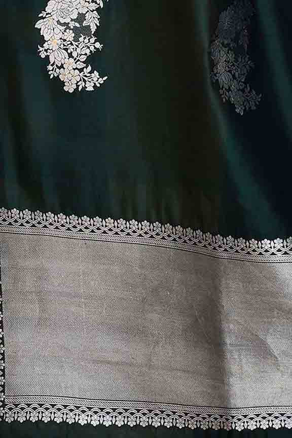 Pure handloom katan silk banarasi saree with real silver zari kadwa weaving-Bottle green