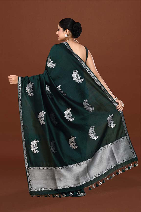 Pure handloom katan silk banarasi saree with real silver zari kadwa weaving-Bottle green