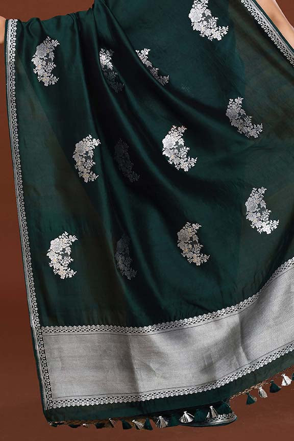 Pure handloom katan silk banarasi saree with real silver zari kadwa weaving-Bottle green