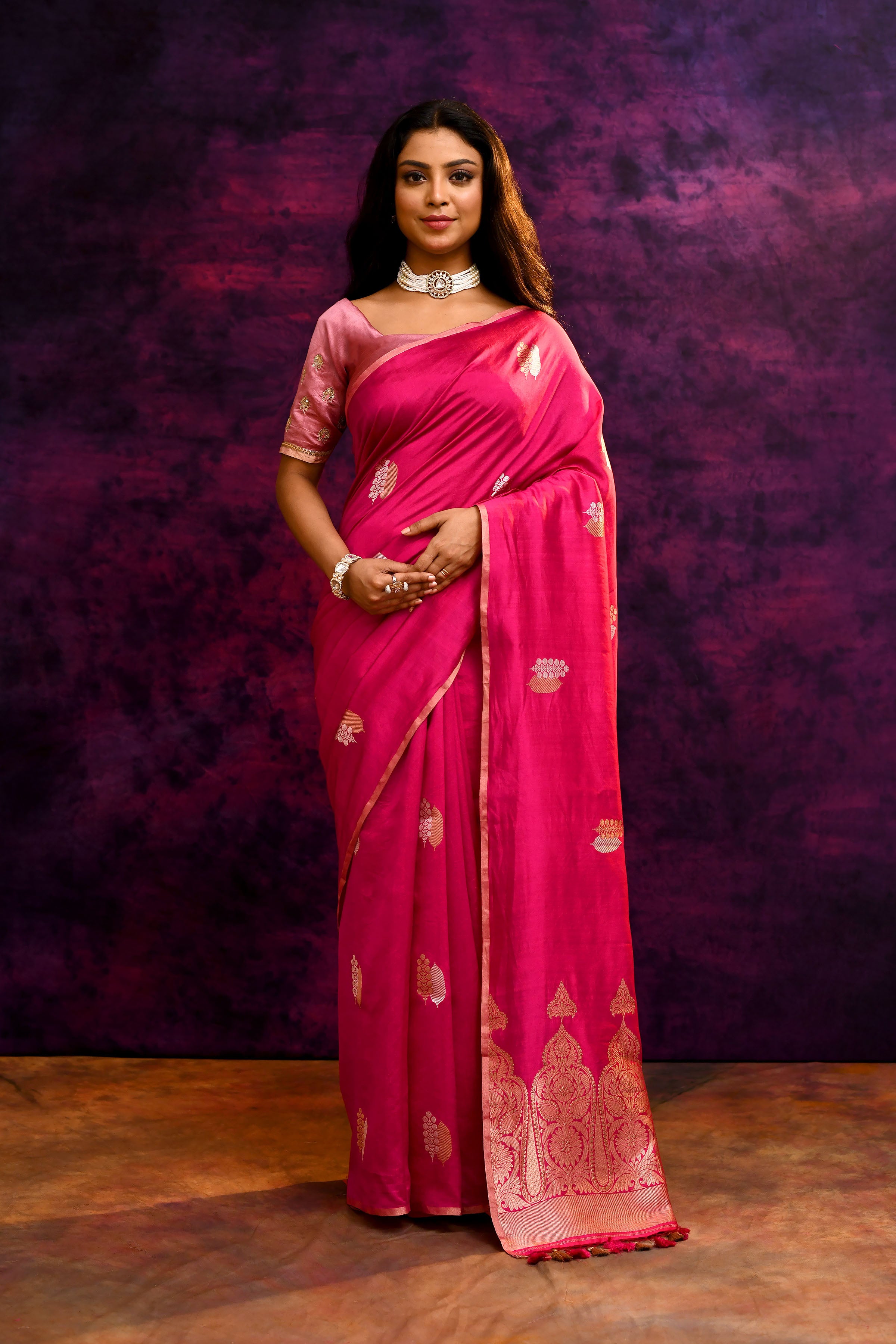 Pure Munga Silk Saree with Tree & Leaf Motifs – Rani Pink
