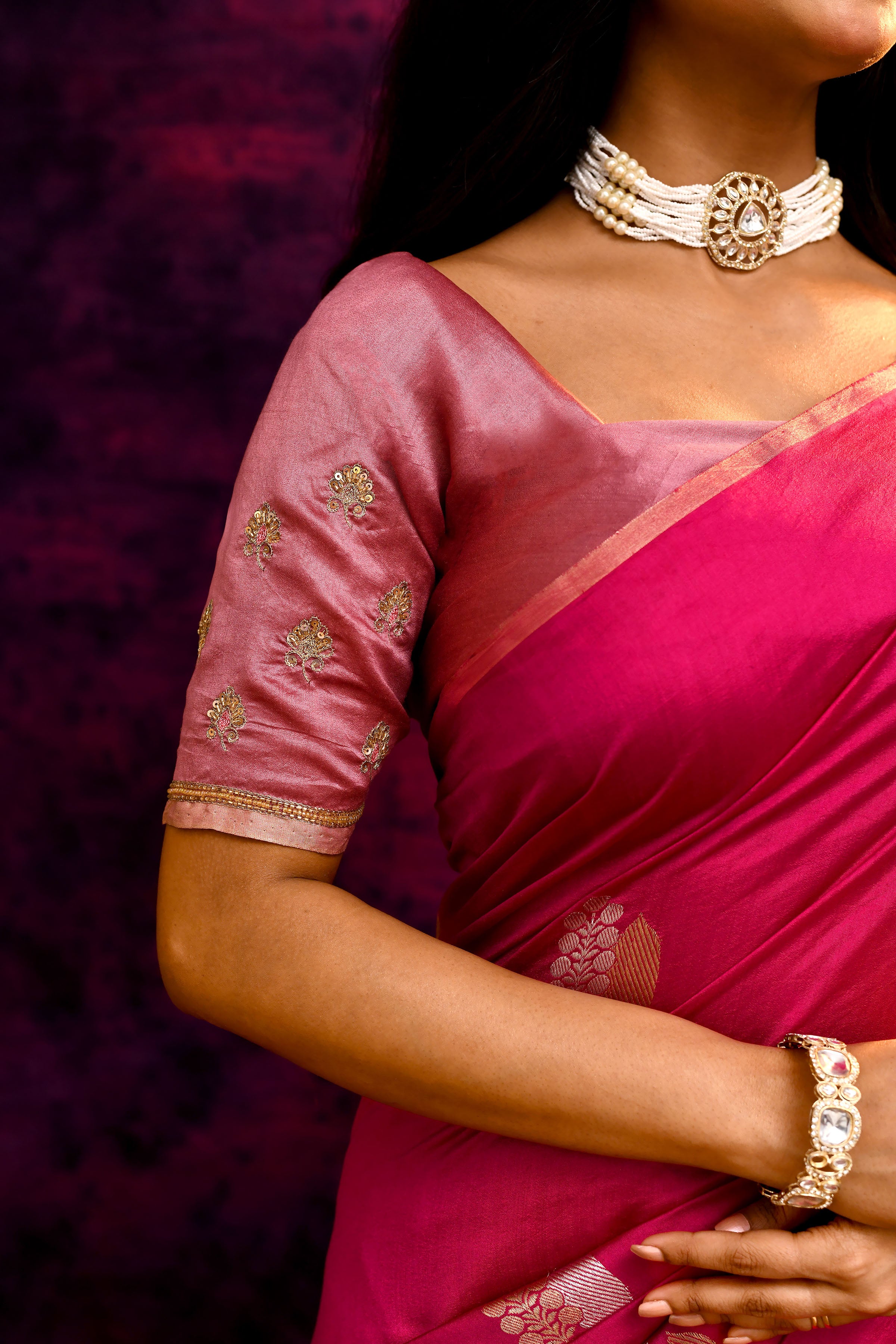 Pure Munga Silk Saree with Tree & Leaf Motifs – Rani Pink
