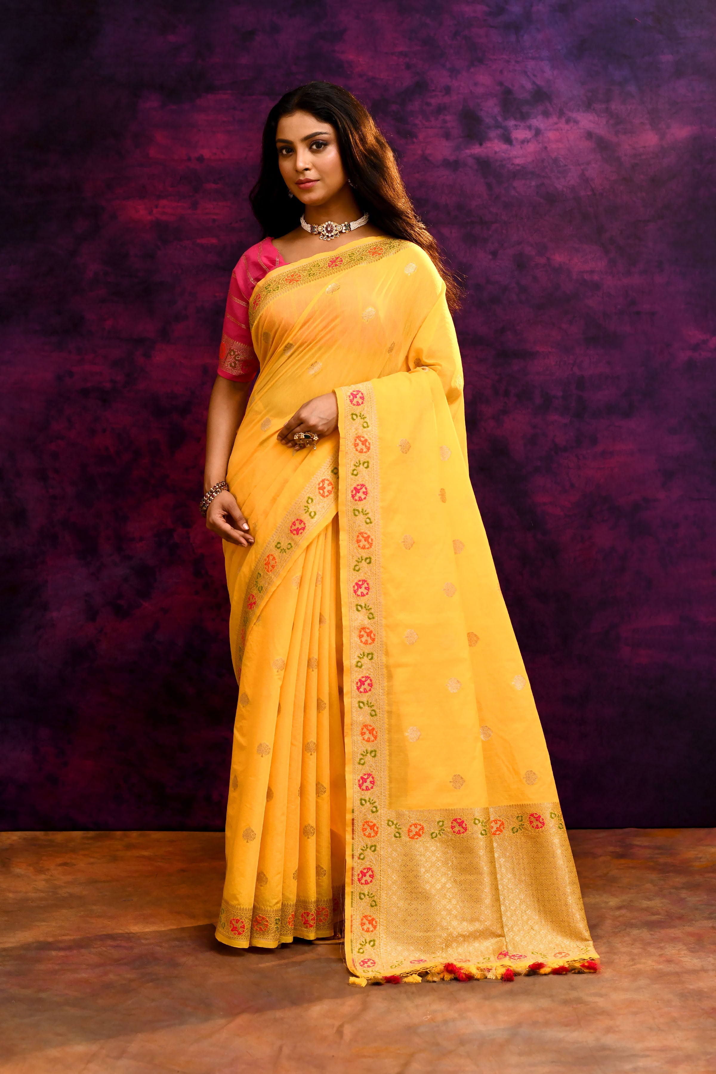 Pure Cotton Saree with Floral Border & Woven Pallu – Sunshine Yellow