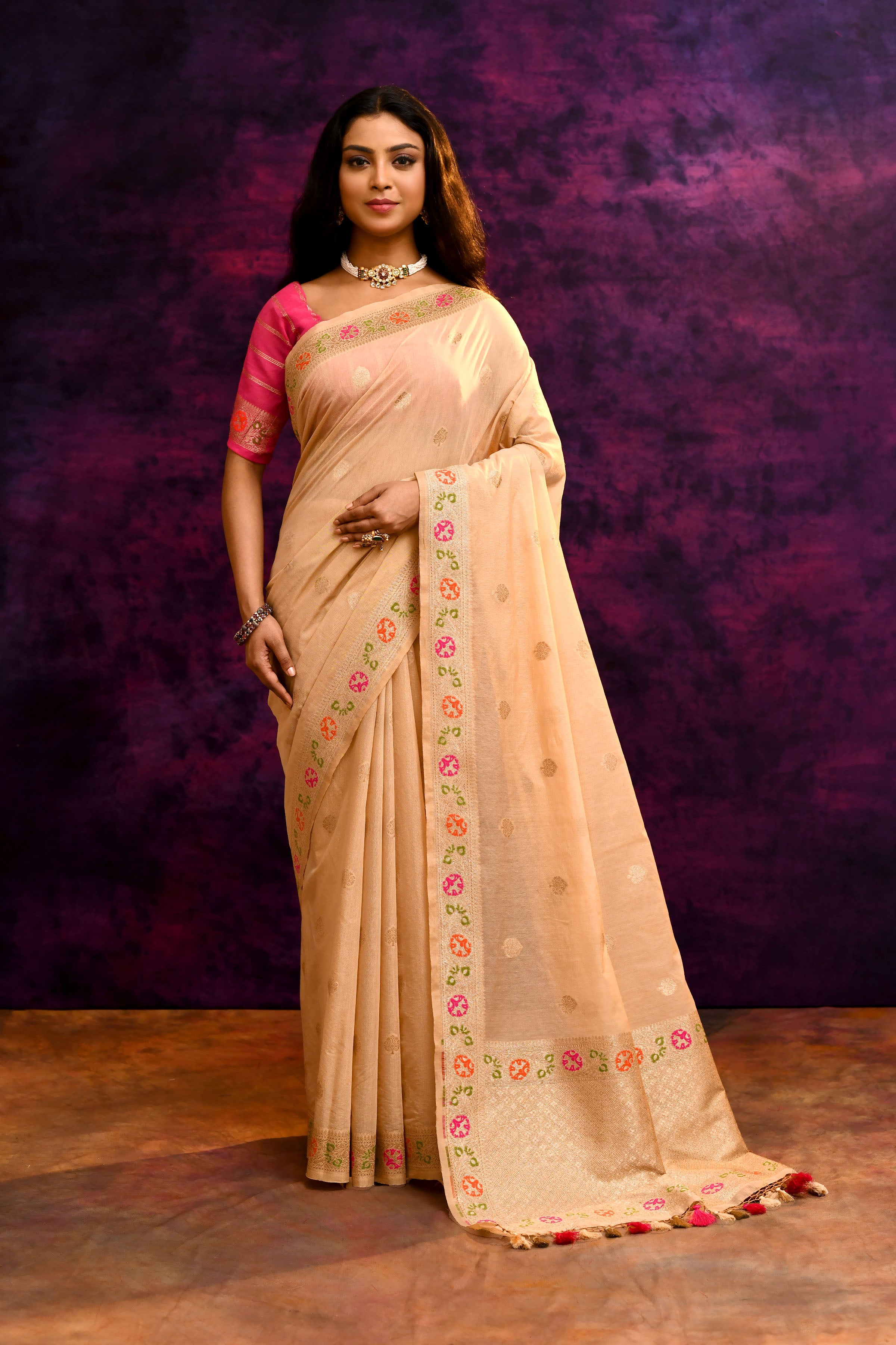 Pure Cotton Saree with Floral Border & Woven Pallu - Beige with Pink Accents.