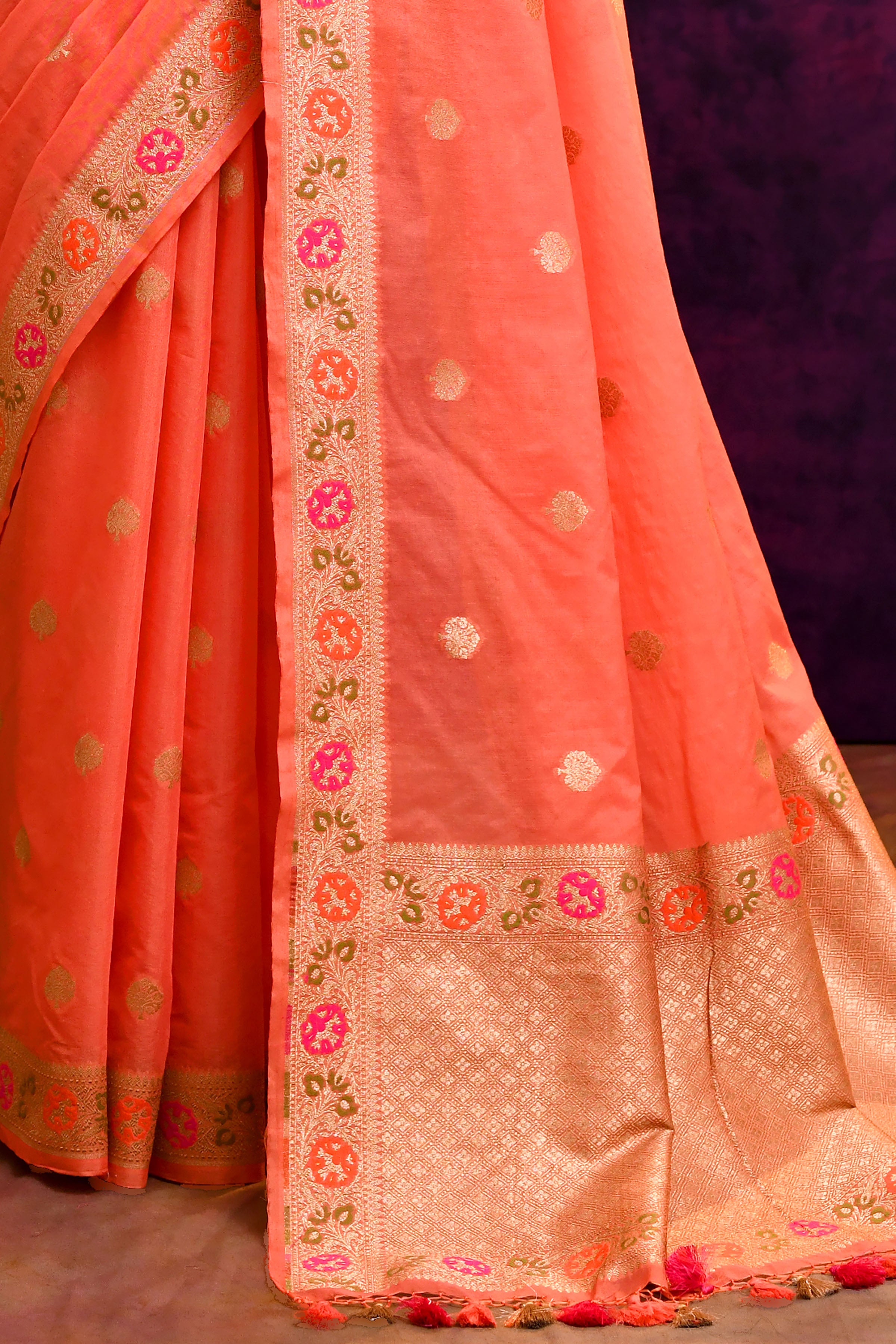 Pure Cotton Saree with Floral Border & Woven Pallu – Coral Orange