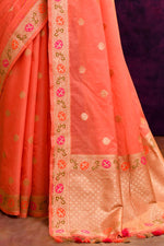 Pure Cotton Saree with Floral Border & Woven Pallu – Coral Orange