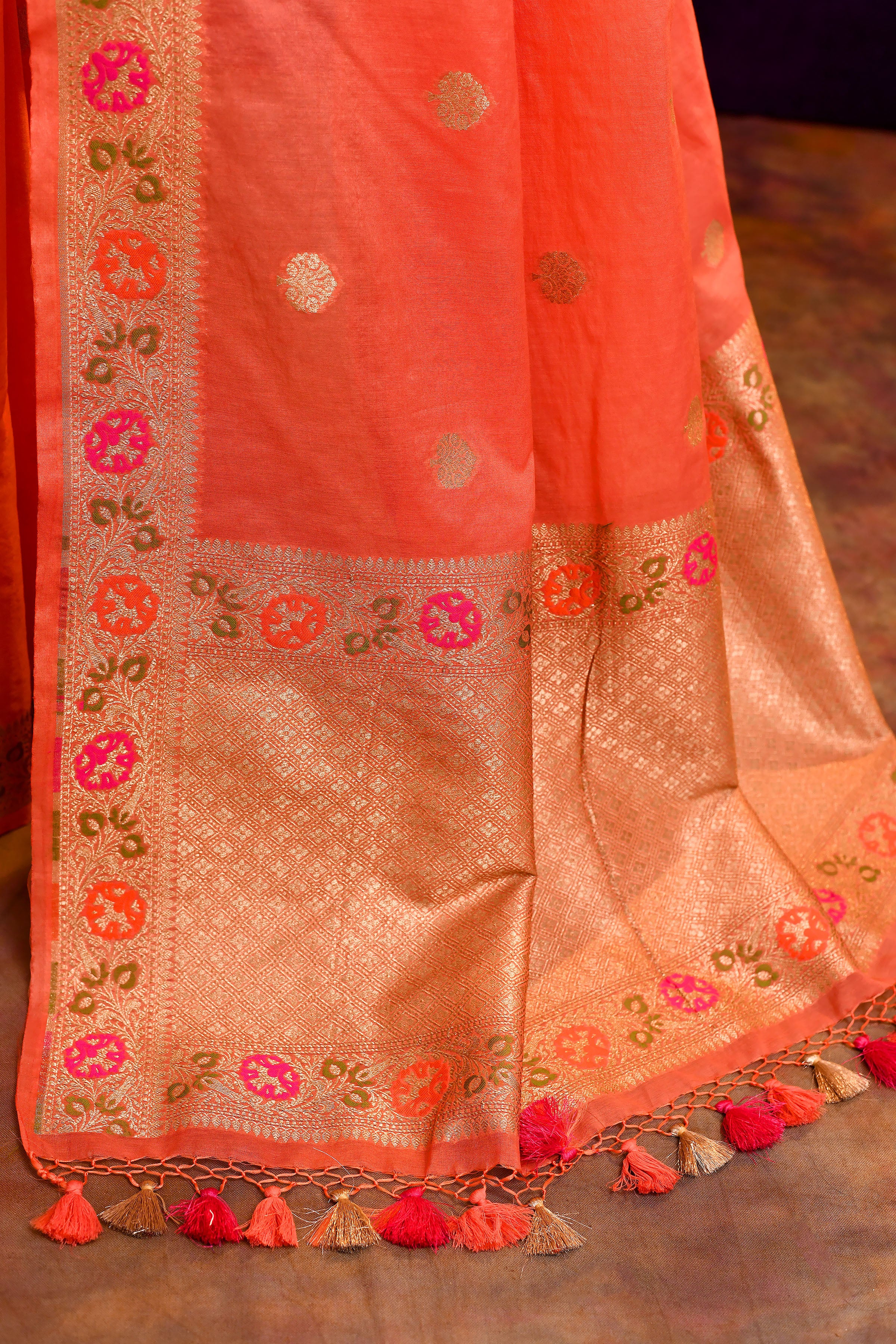 Pure Cotton Saree with Floral Border & Woven Pallu – Coral Orange