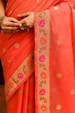 Pure Cotton Saree with Floral Border & Woven Pallu – Coral Orange