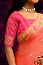 Pure Cotton Saree with Floral Border & Woven Pallu – Coral Orange