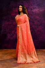 Pure Cotton Saree with Floral Border & Woven Pallu – Coral Orange