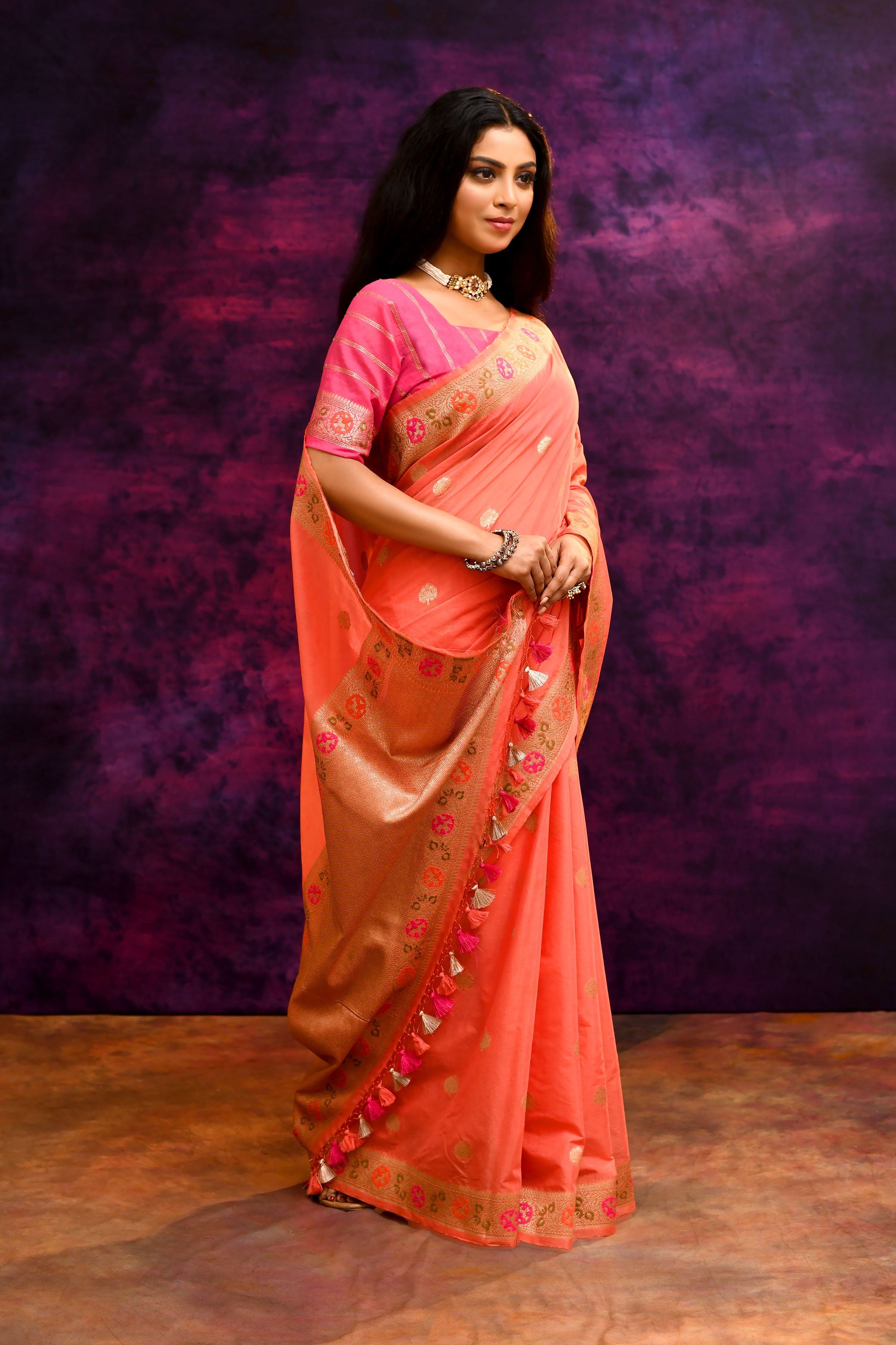 Pure Cotton Saree with Floral Border & Woven Pallu – Coral Orange