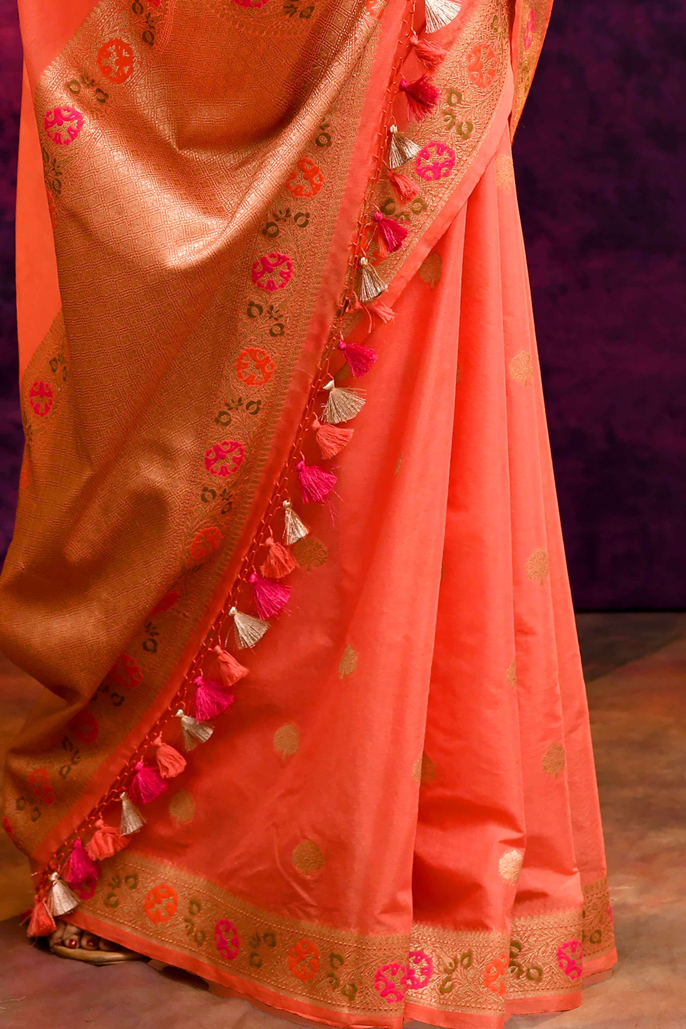 Pure Cotton Saree with Floral Border & Woven Pallu – Coral Orange