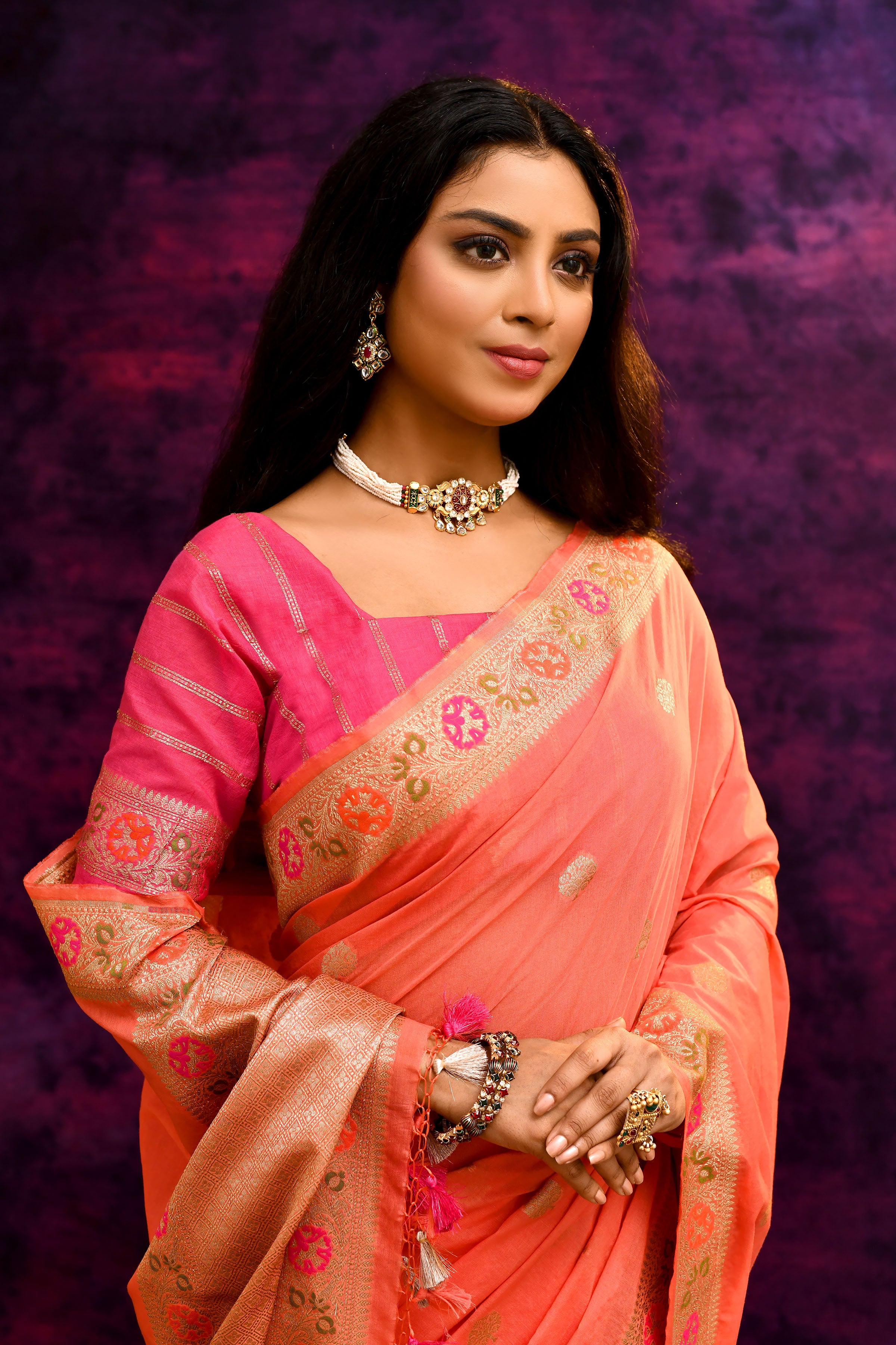 Pure Cotton Saree with Floral Border & Woven Pallu – Coral Orange