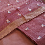 Pure tussar linen handloom unstitched kurta,bottom & dupatta set with floral embroidery-Lavender