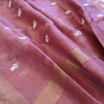 Pure tussar linen handloom unstitched kurta,bottom & dupatta set with floral embroidery-Lavender