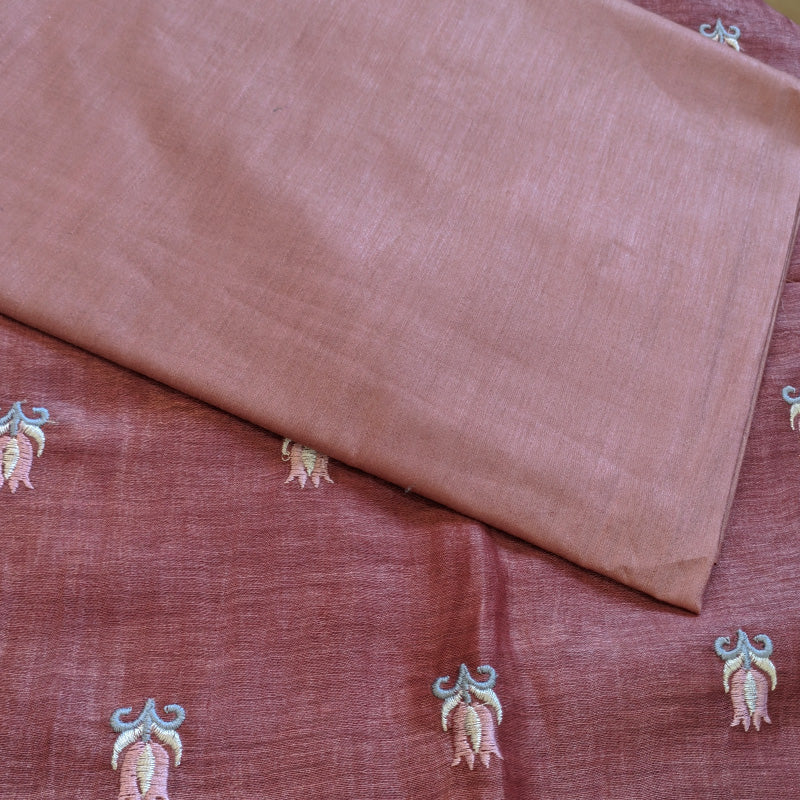 Pure tussar linen handloom unstitched kurta,bottom & dupatta set with floral embroidery-Lavender