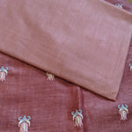 Pure tussar linen handloom unstitched kurta,bottom & dupatta set with floral embroidery-Lavender