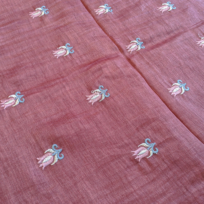 Pure tussar linen handloom unstitched kurta,bottom & dupatta set with floral embroidery-Lavender