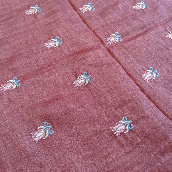 Pure tussar linen handloom unstitched kurta,bottom & dupatta set with floral embroidery-Lavender