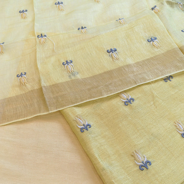 Pure tussar linen handloom unstitched kurta,bottom & dupatta set with floral embroidery-Bright yellow